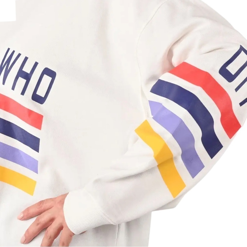 White Whoopi Long Sleeve Multicolor Stripe Logo French Terry Sweatshirt- Dubgee - Picture 4 of 6